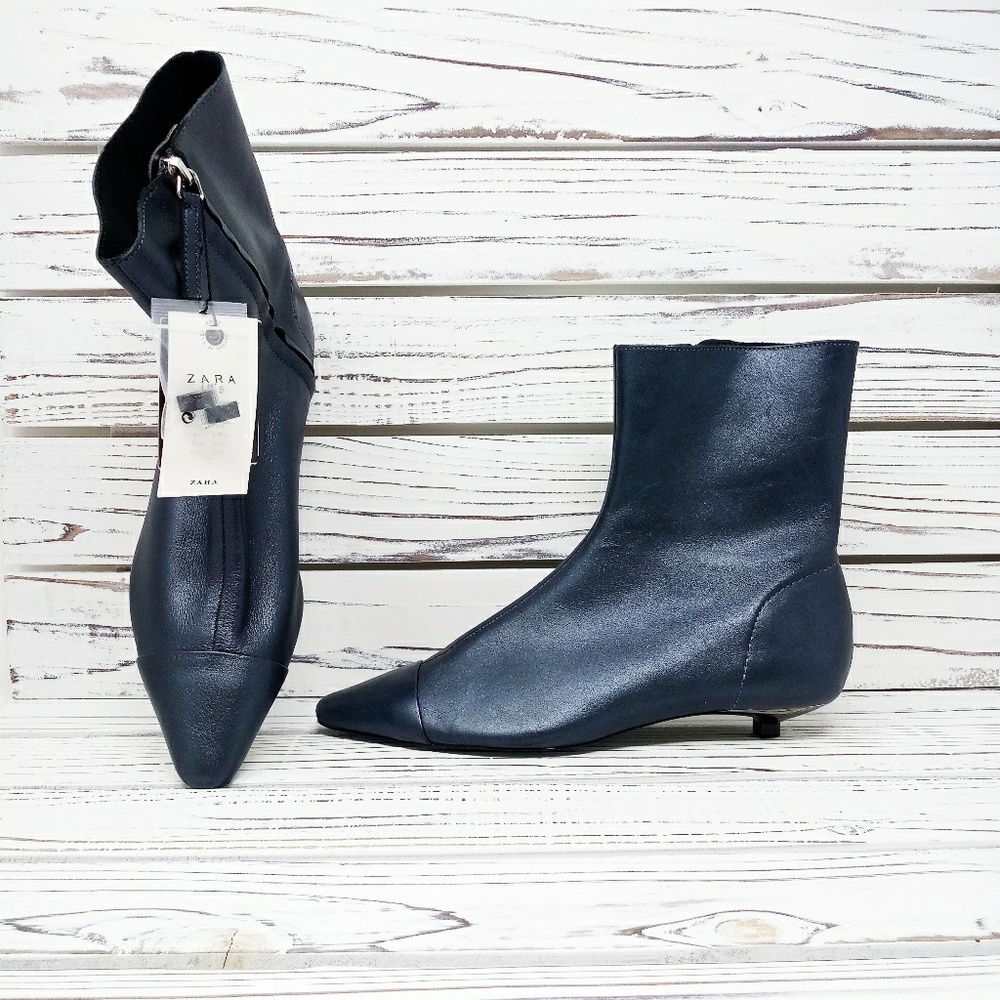 ZARA Flat Leather Ankle Boots with Toe Cap Detail